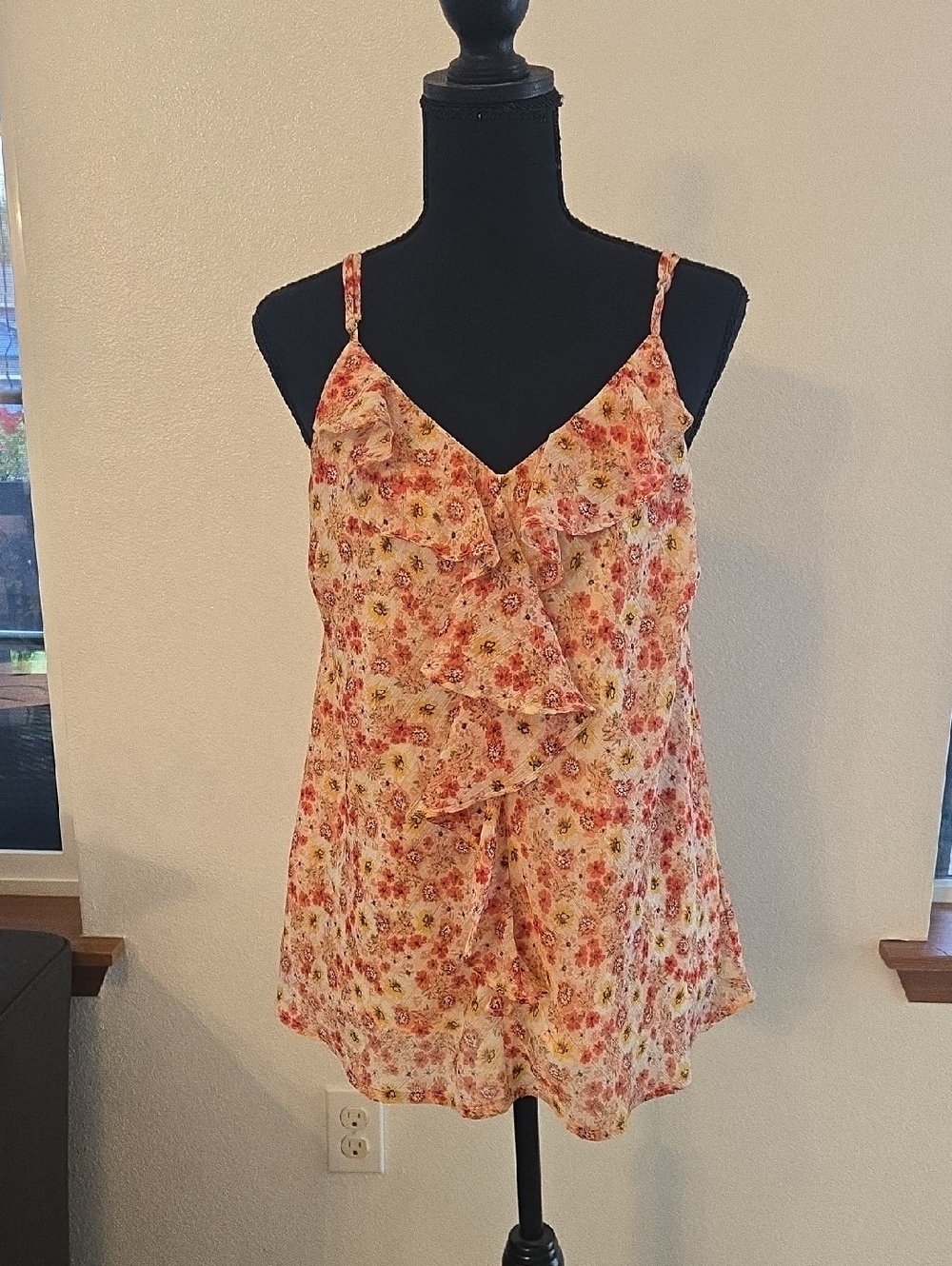 Floral Ruffle V-Neck Camisole - Cream with Pink Floral